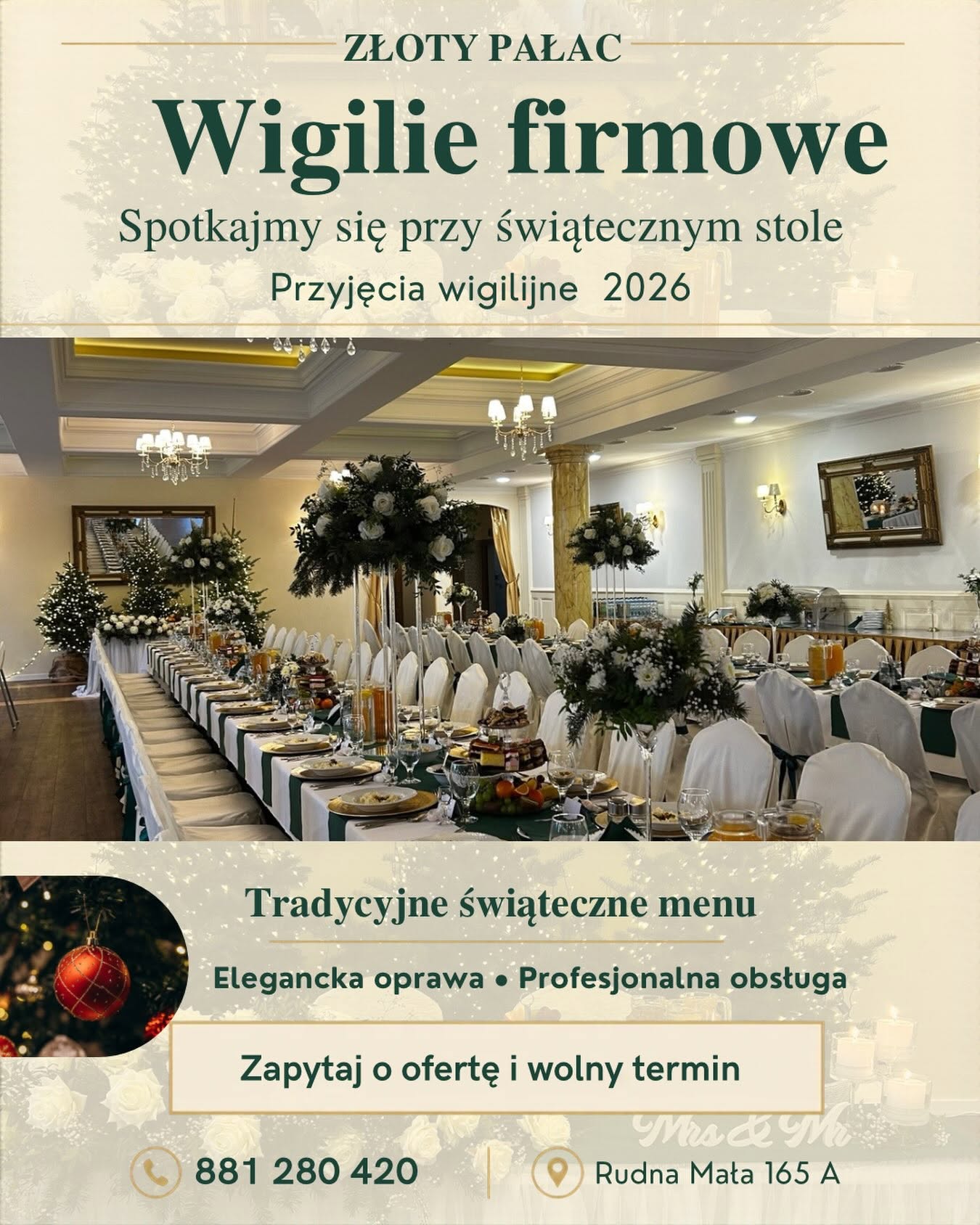 Plakat „Wigilie firmowe” — przyjęcia wigilijne 2026 w Złotym Pałacu